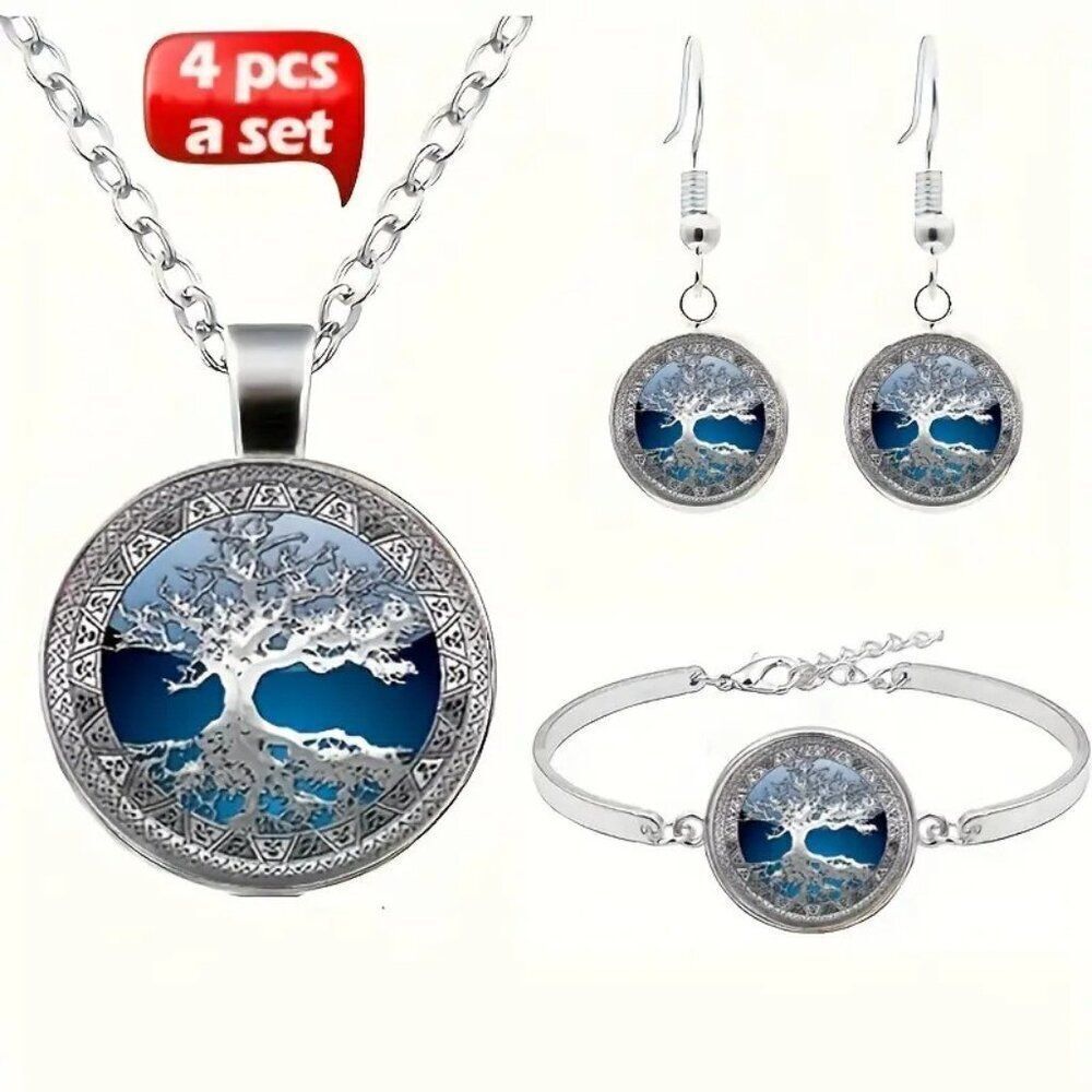 4pcs Fashion Celtic Tree of Life Necklace & Earrings & Bracelet Set